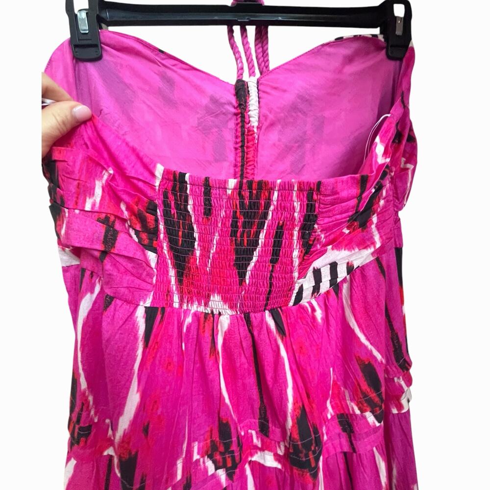 Ro's Garden Denise Halter Tie Gathered Tiered Maxi Dress | Sz XL Pink Black Ikat - Picture 12 of 16